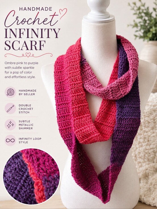 Handmade Accessories - Handmade Double Crochet Colorful Infinity Scarf Pink Purple Ombre Sparkle Cotton